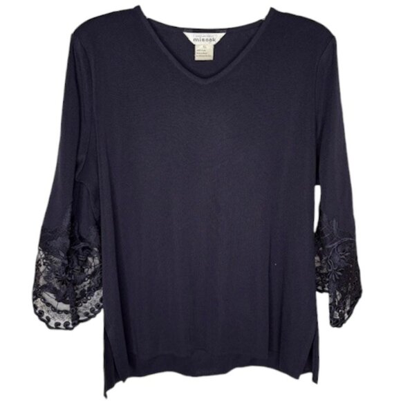 Exclusively Misook Lace-Tipped V-Neck Top - Deep Navy - XL - Picture 1 of 7